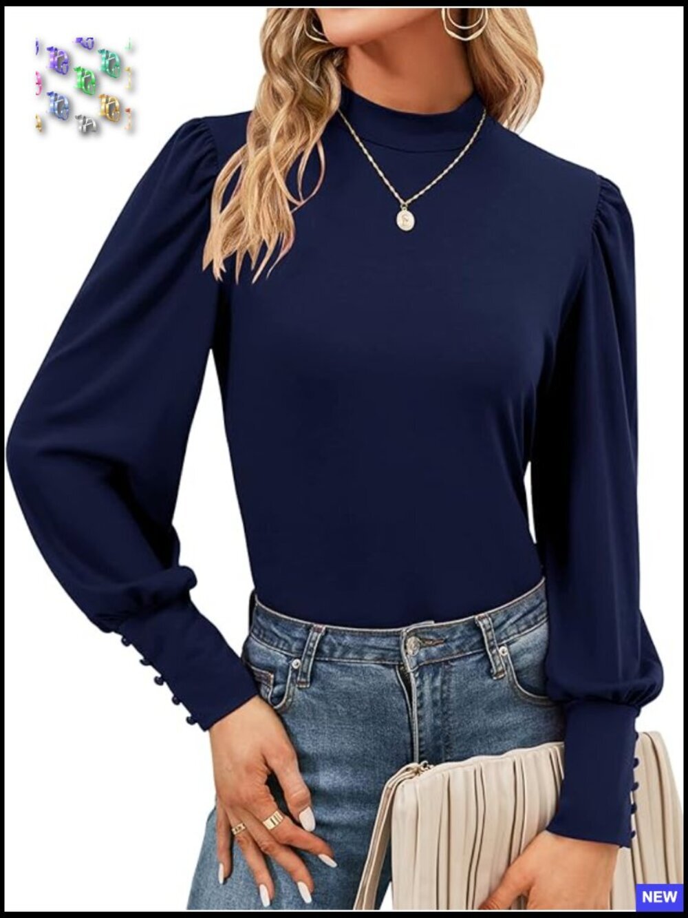 Mock Neck Puff Long Sleeve Tops Casual Loose Basic T Shirt Button Cuffs